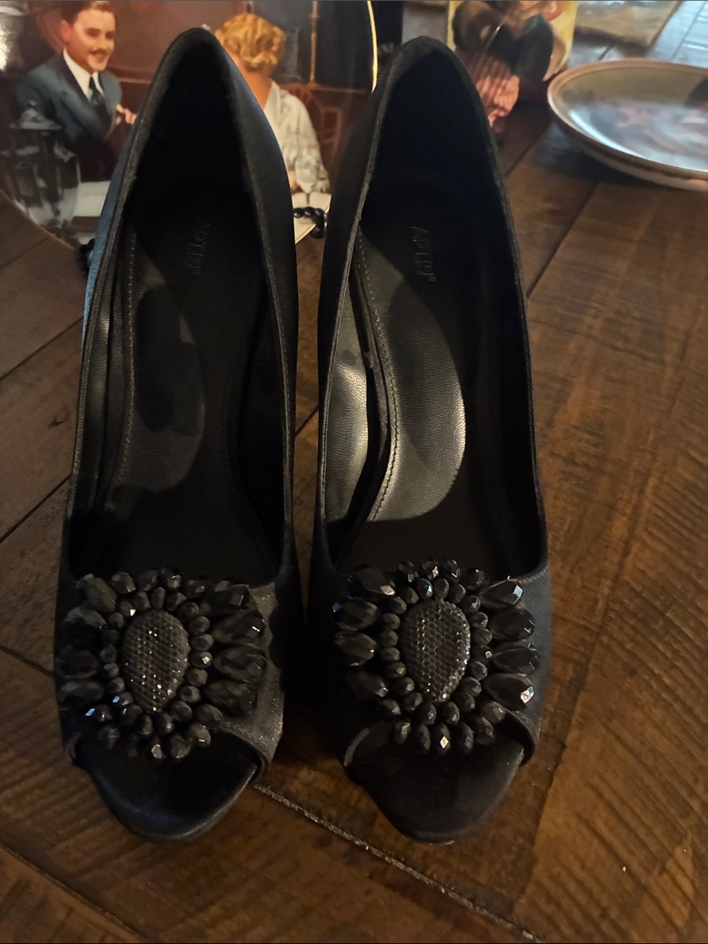 Black Jeweled Peep-Toe Heels